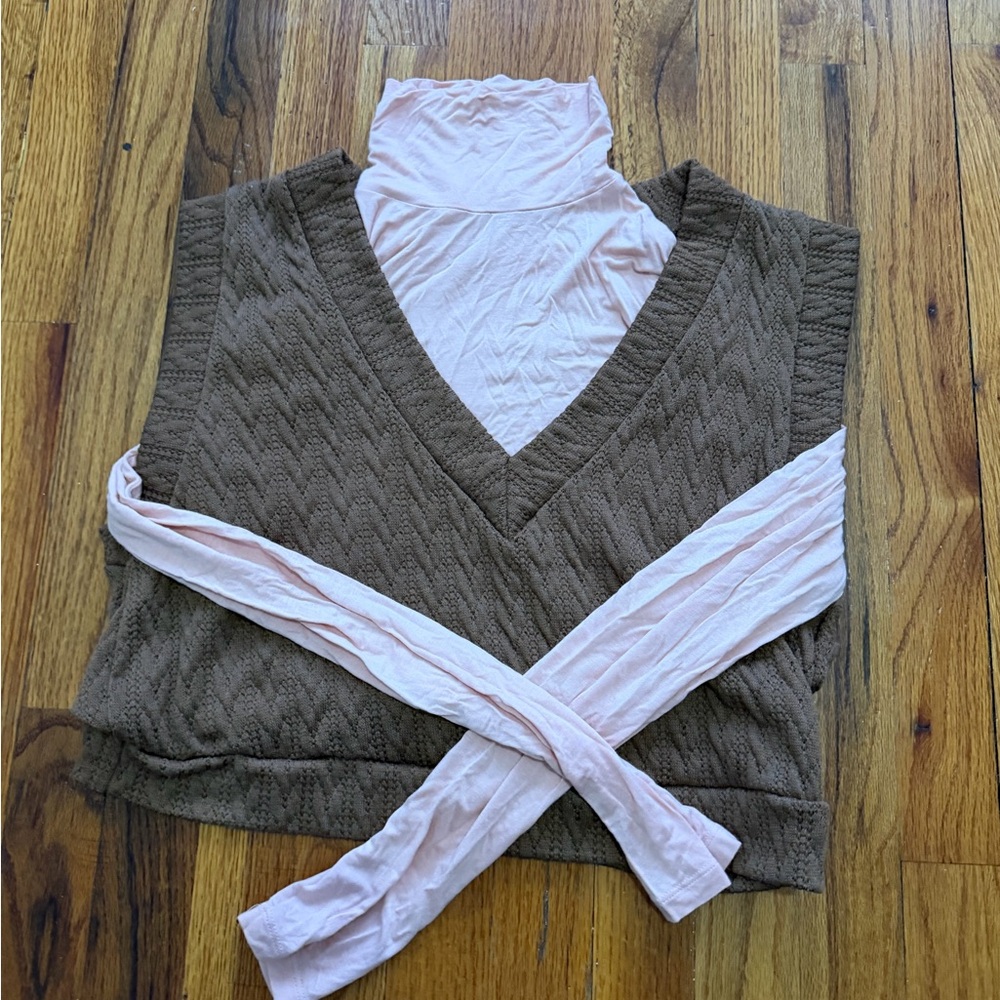 Brown V-Neck Sweater with Pink Accents